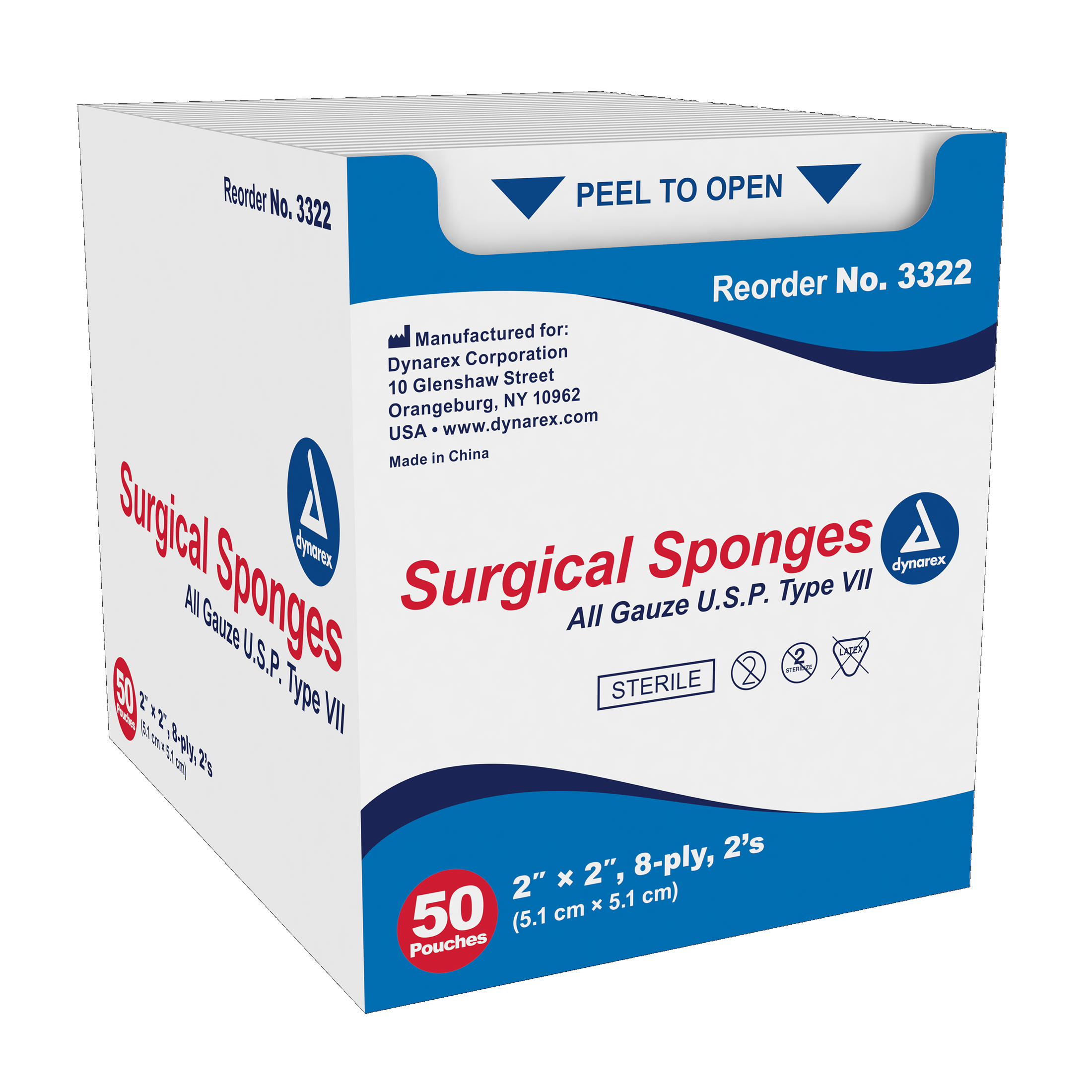 Dynarex-Dynarex® Gauze Sponge, Sterile, 2" x 2", 8-ply BX/50-MedTech-1