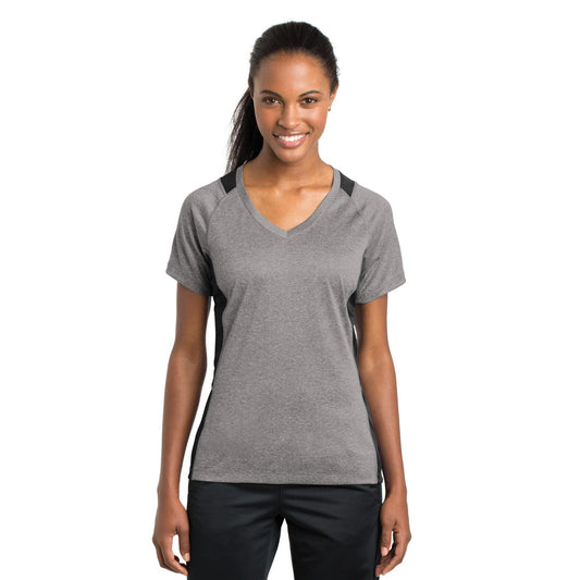 Sport-Tek-Sport-Tek® Women's Heather Colorblock Contender™ V-Neck Tee. LST361-MedTech-1