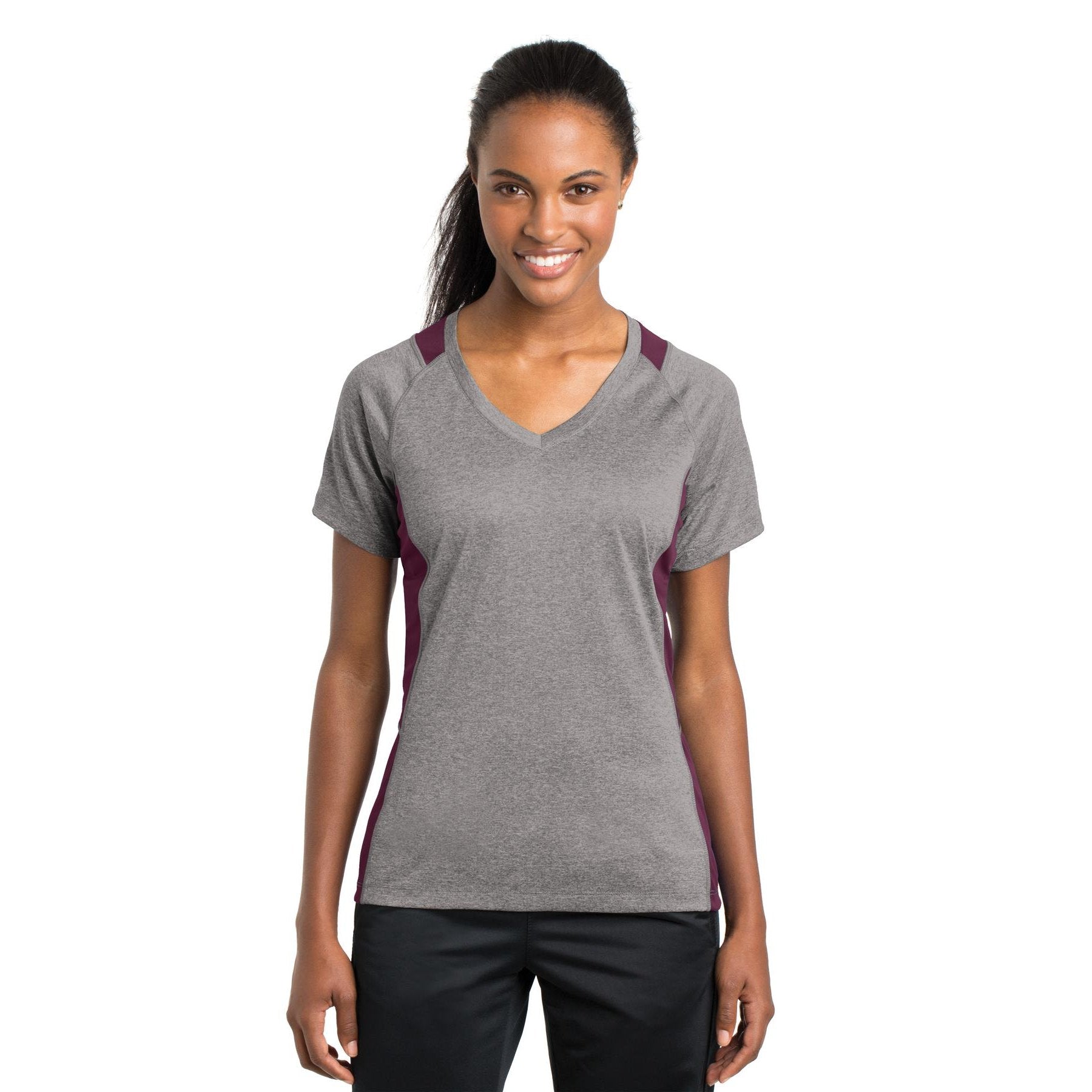 Sport-Tek-Sport-Tek® Women's Heather Colorblock Contender™ V-Neck Tee. LST361-MedTech-3