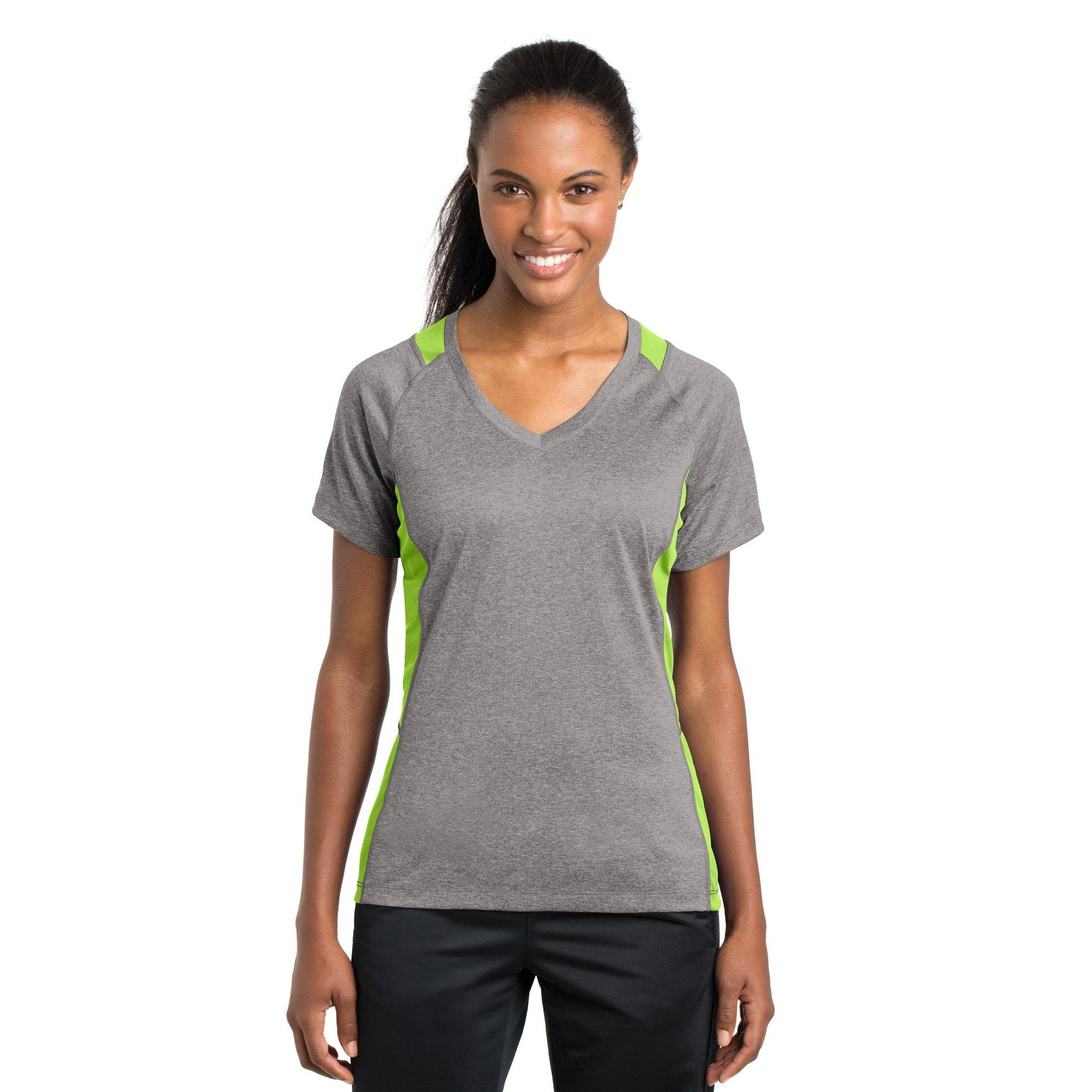 Sport-Tek-Sport-Tek® Women's Heather Colorblock Contender™ V-Neck Tee. LST361-MedTech-2