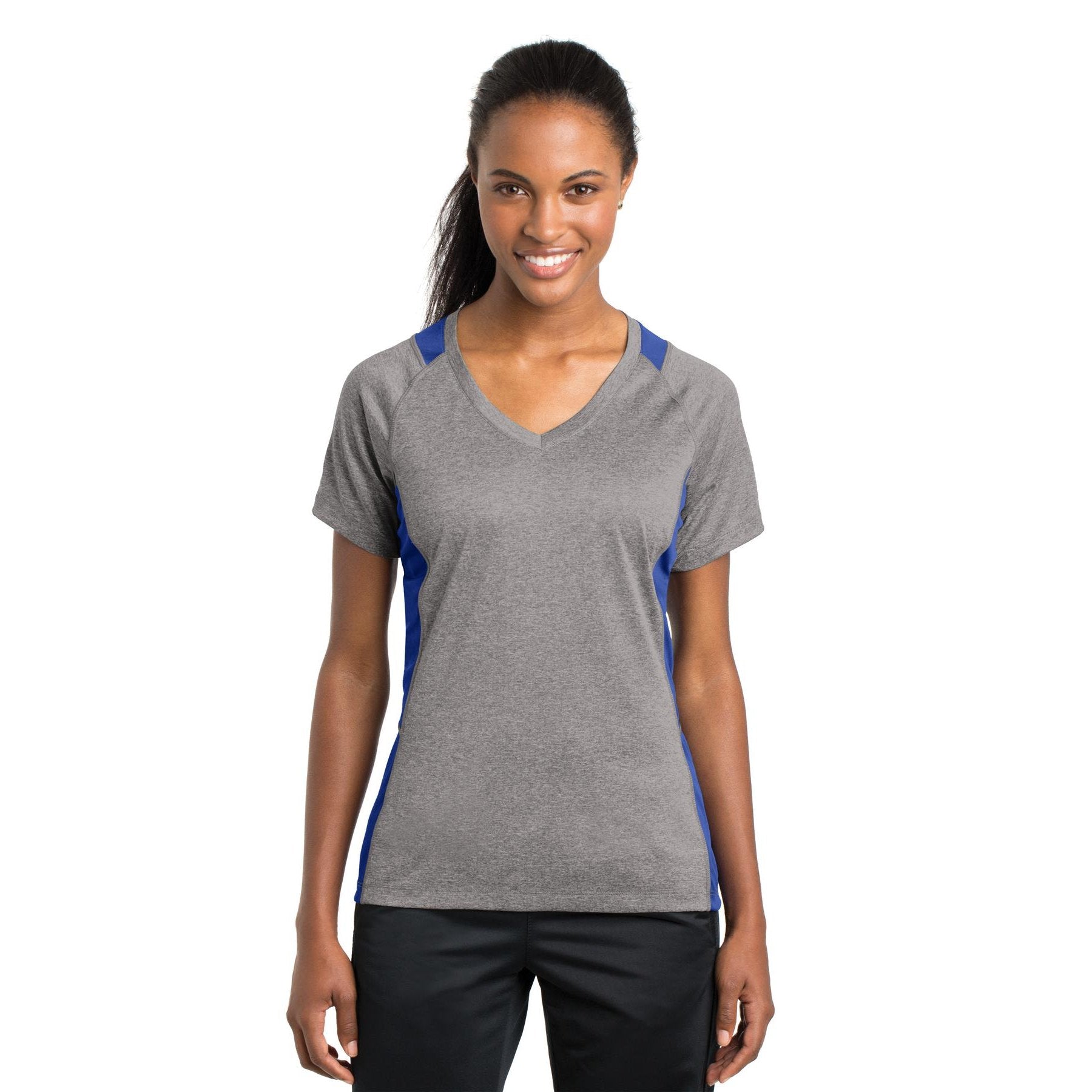 Sport-Tek-Sport-Tek® Women's Heather Colorblock Contender™ V-Neck Tee. LST361-MedTech-7