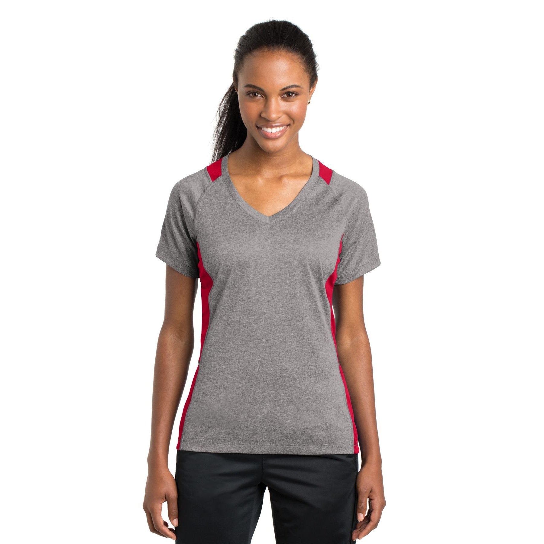 Sport-Tek-Sport-Tek® Women's Heather Colorblock Contender™ V-Neck Tee. LST361-MedTech-6