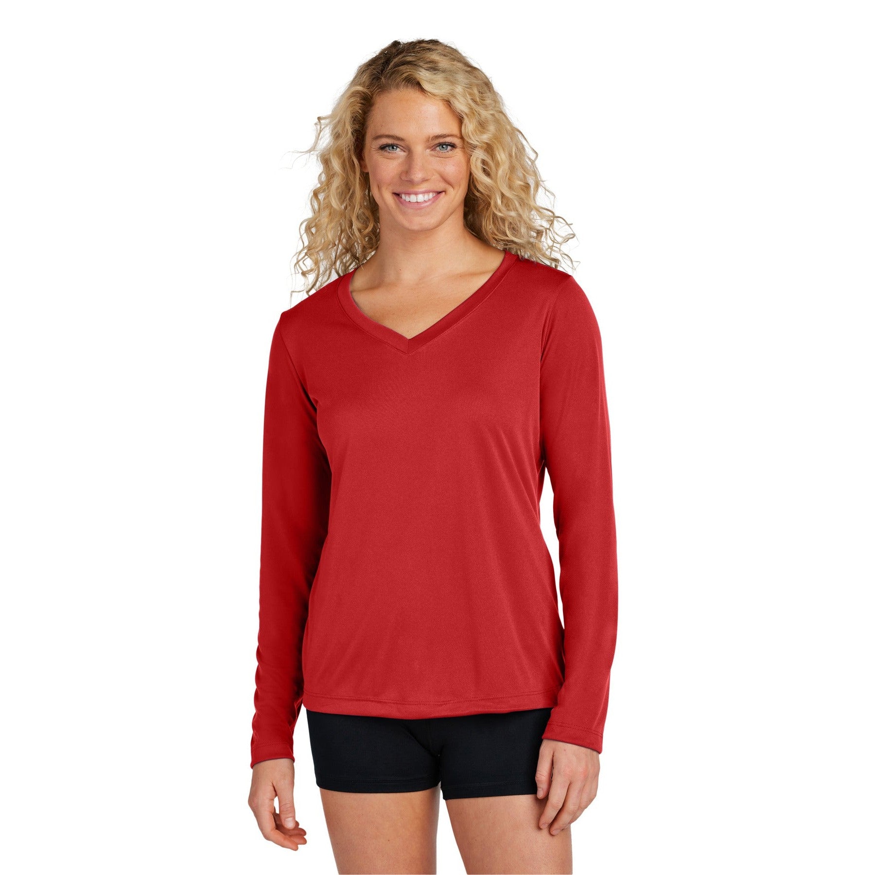 Sport-Tek-Sport-Tek® Women's Long Sleeve PosiCharge® Competitor™ V-Neck Tee. LST353LS-MedTech-4