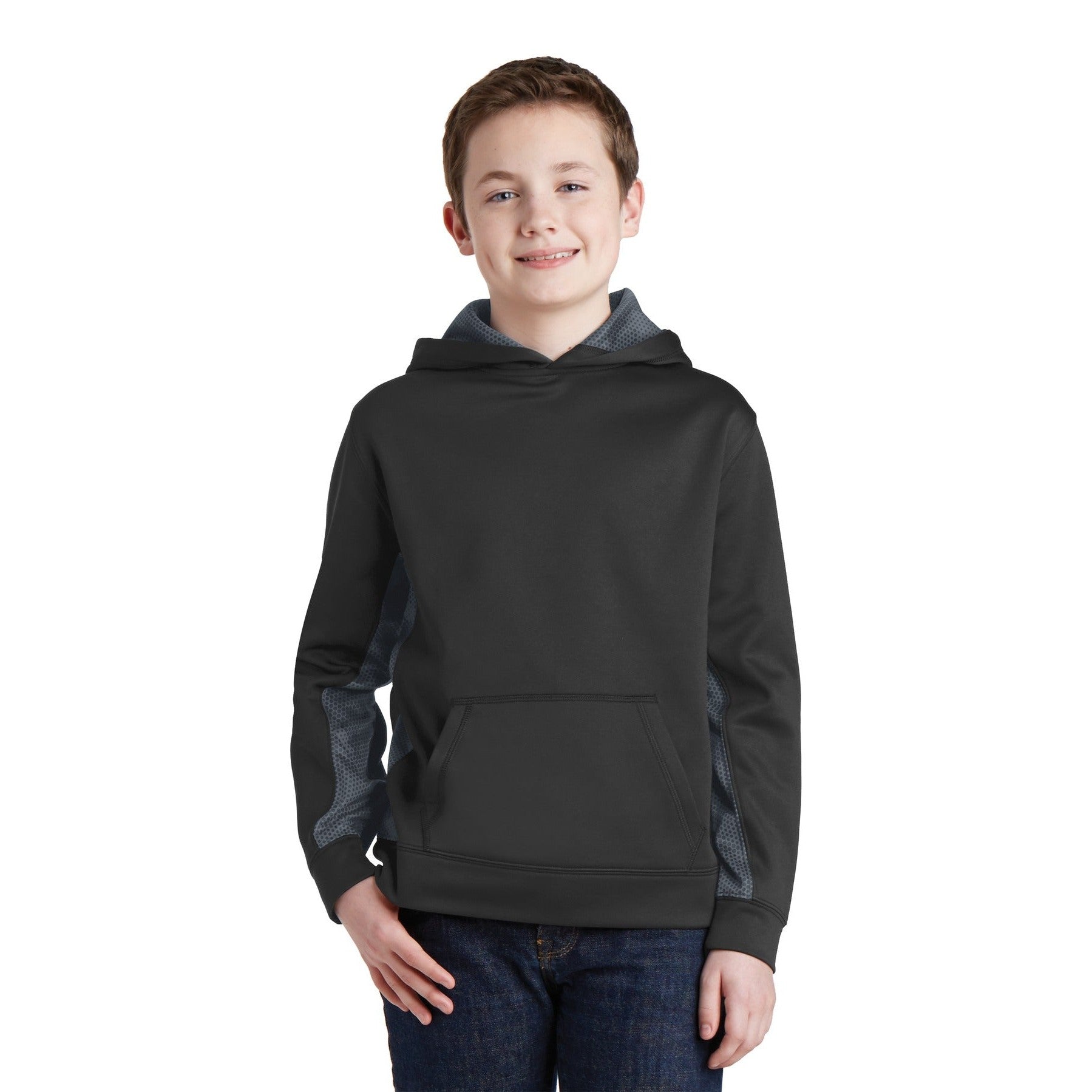 Sport-Tek-Sport-Tek® Youth Sport-Wick® CamoHex Fleece Colorblock Hooded Pullover. YST239-MedTech-1