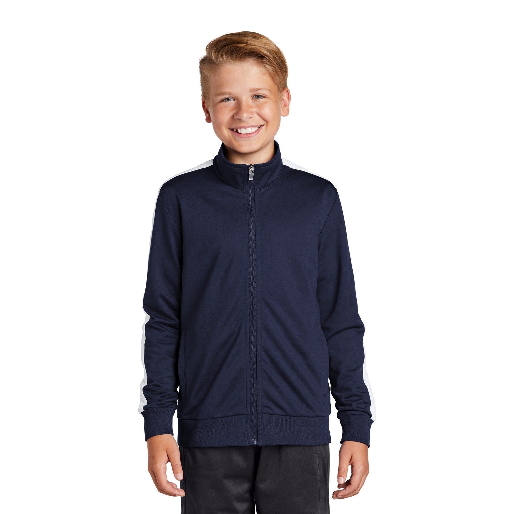 Sport-Tek-Sport-Tek ® Youth Tricot Sleeve Stripe Track Jacket. YST94-MedTech-4