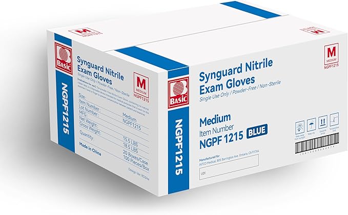 Synguard Nitrile Exam Gloves, Medium, Blue, 100/Box 2000/Case