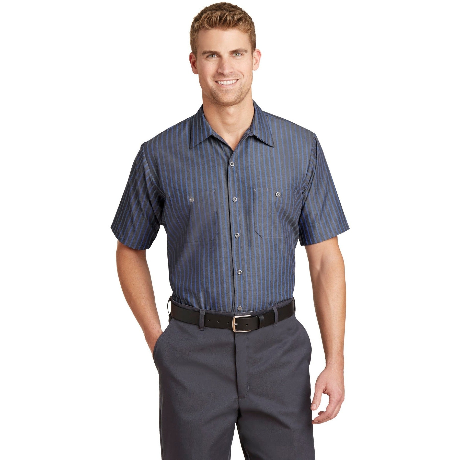 Red Kap-Red Kap® Long Size, Short Sleeve Striped Industrial Work Shirt. CS20LONG-MedTech-1