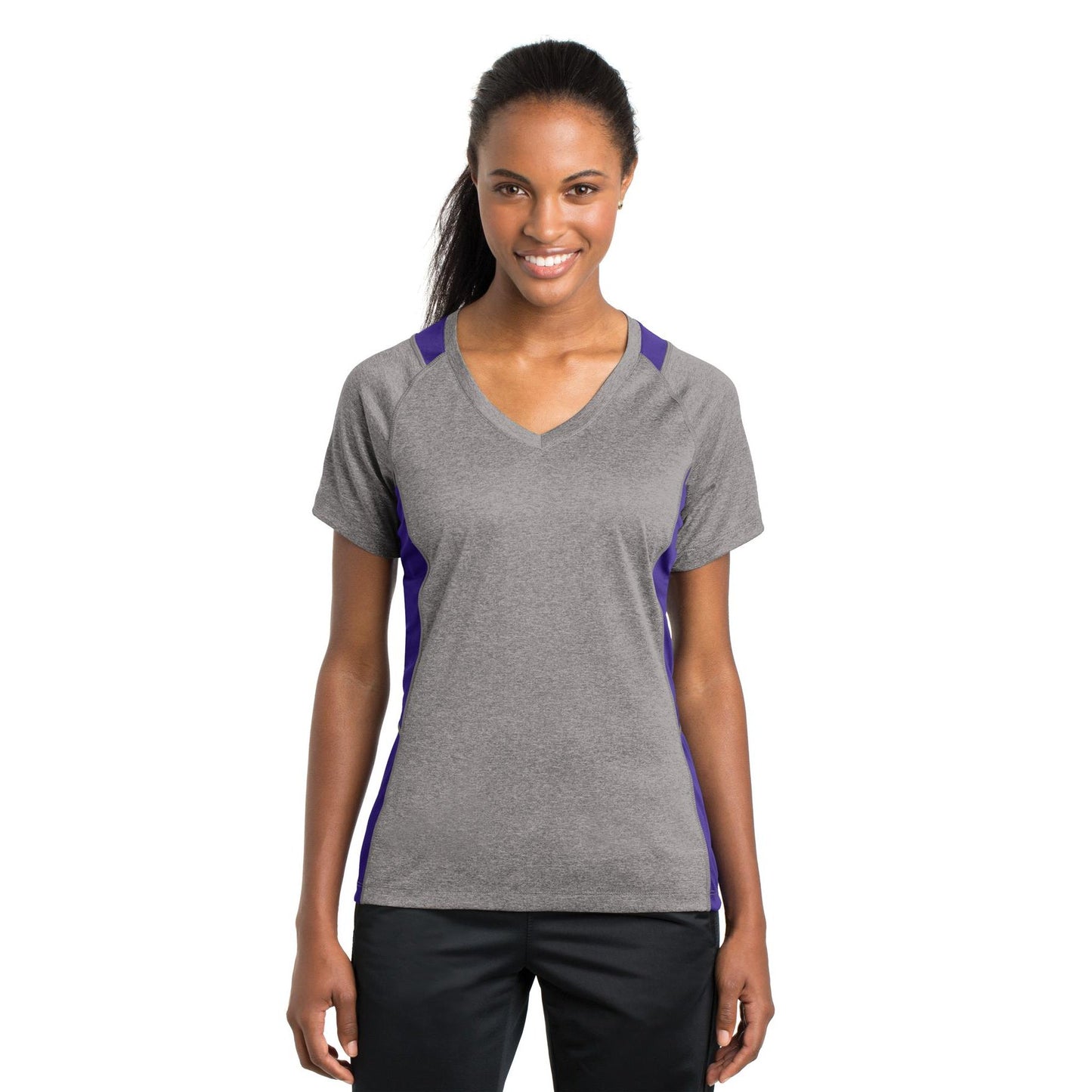 Sport-Tek-Sport-Tek® Women's Heather Colorblock Contender™ V-Neck Tee. LST361-MedTech-4